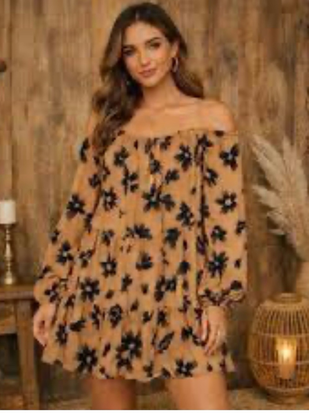 Boho Long-Sleeve Floral Peasant Dress - Orange/Black